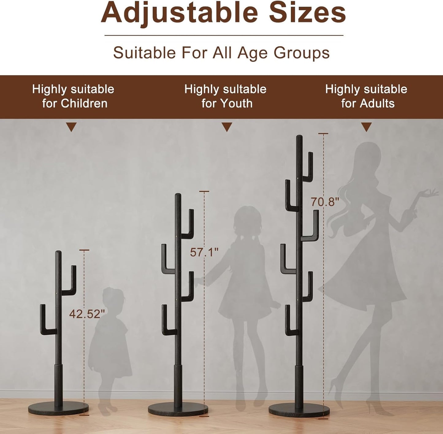 Solid Wood Cactus Coat Rack, Freestanding Coat Rack With 6 L-Shaped Hooks and 3 Adjustable Sizes, Coat Tree for Bedroom, Entryway, Livingroom, Coat Hanger Stand for Coats, Handbags (Black)