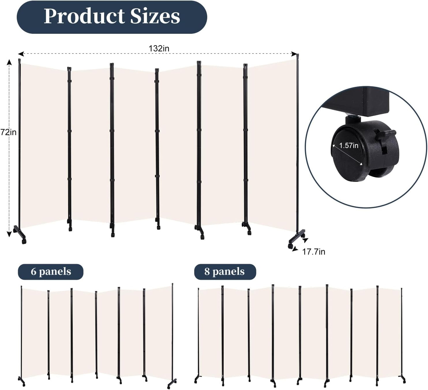Room Divider Folding Privacy Screens with Lockable Wheels, 132'' Partition Room Dividers Freestanding Room Divider Fabric Panel for Room Separation, Wall Divider for Home Office Bedroom Dorm Decor
