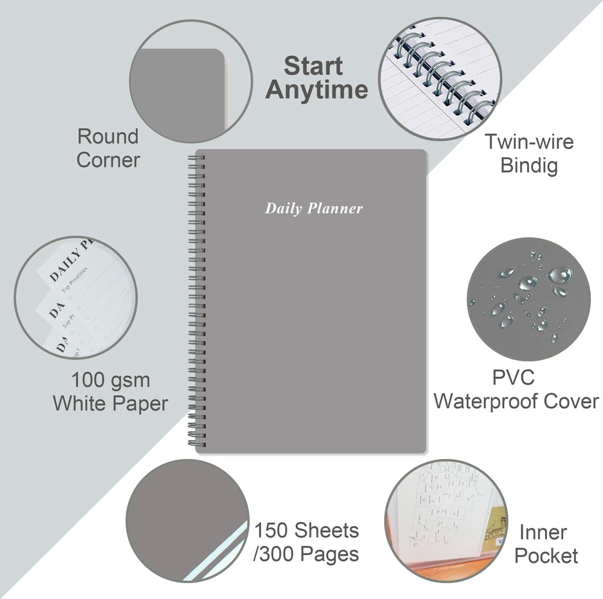 Daily Planner Undated - A4 To Do List Notebook Hourly Schedules, Spiral Appointment Planner for Women and Men,PVC Hardcover, Inner Pocket, Elastic Closure, 8.5" x 11", Grey