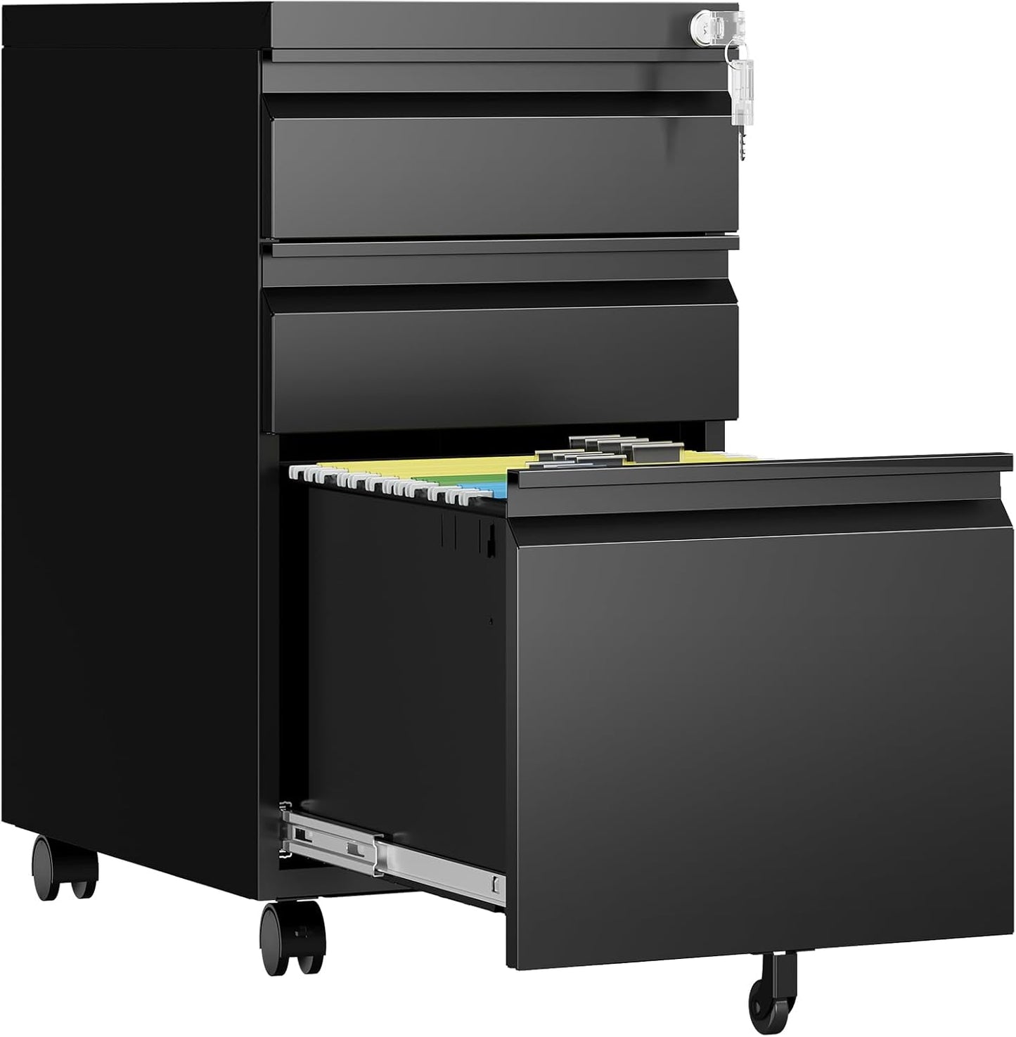 3 Drawer Mobile File Cabinet with Lock, Rolling Filing Cabinets for Home Office, Under Desk Small File Cabinet Three Drawers for Legal/Letter/A4 File, Black - Assembly Required