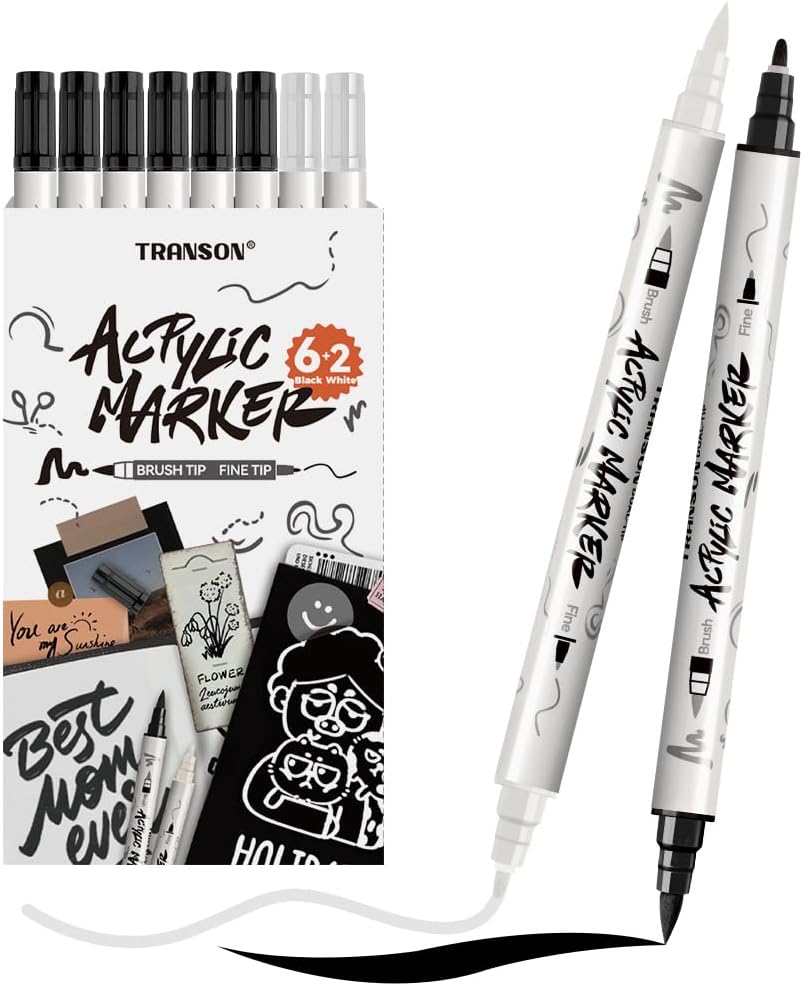TRANSON 6 Black and 2 White Paint Markers Brush and Fine Dual-tip Acrylic Paint Marker for Rock Glass Canvas Wood Leather Ceramic DIY Painting