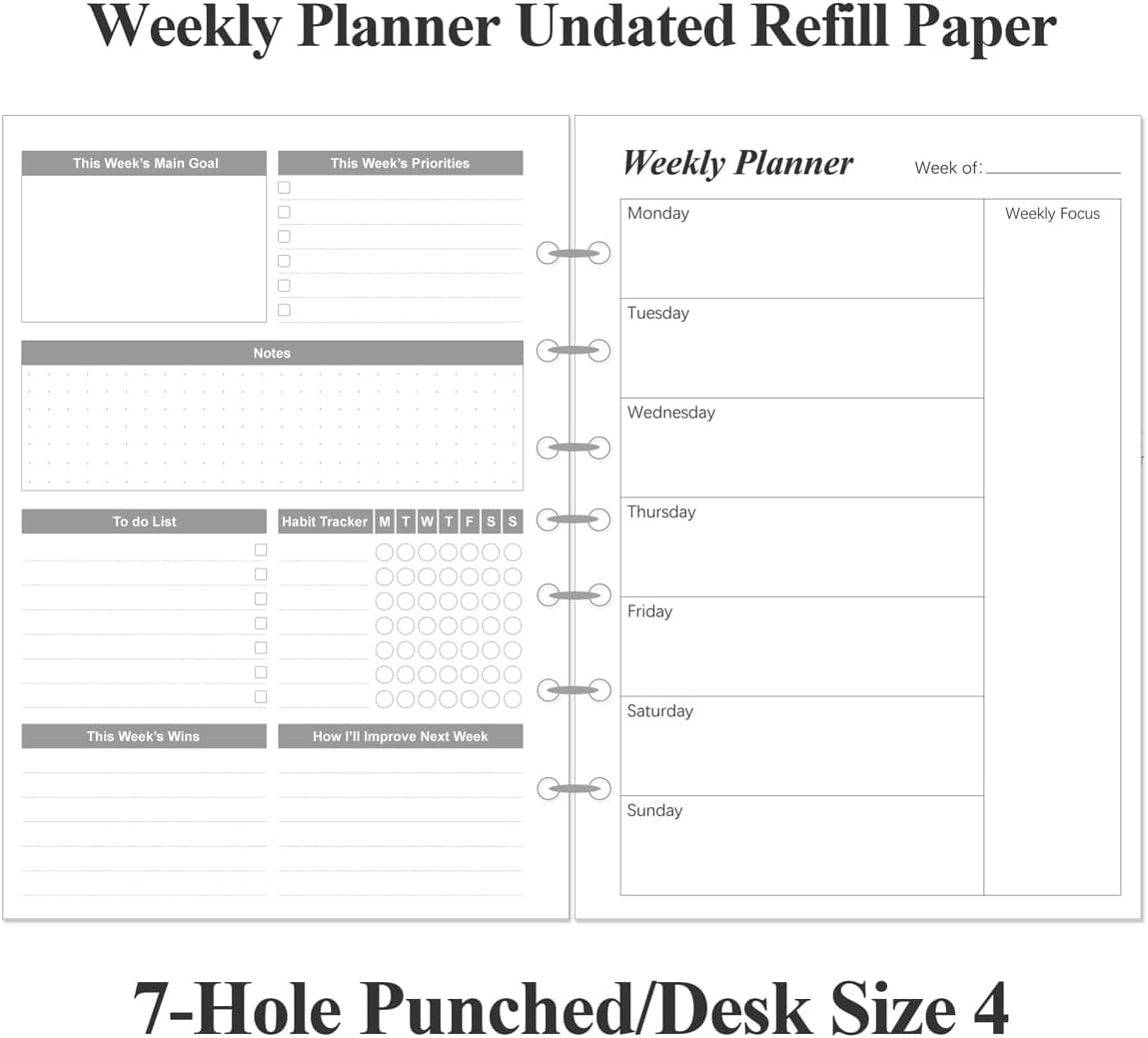 Weekly Planner Refills for 3 or 7 Ring Mini Binders - 53 Sheets/106 Pages Undated Weekly Planner, 100 gsm White Paper, Lasts 1 Year, Undated, 5.8" x 8.3", Black