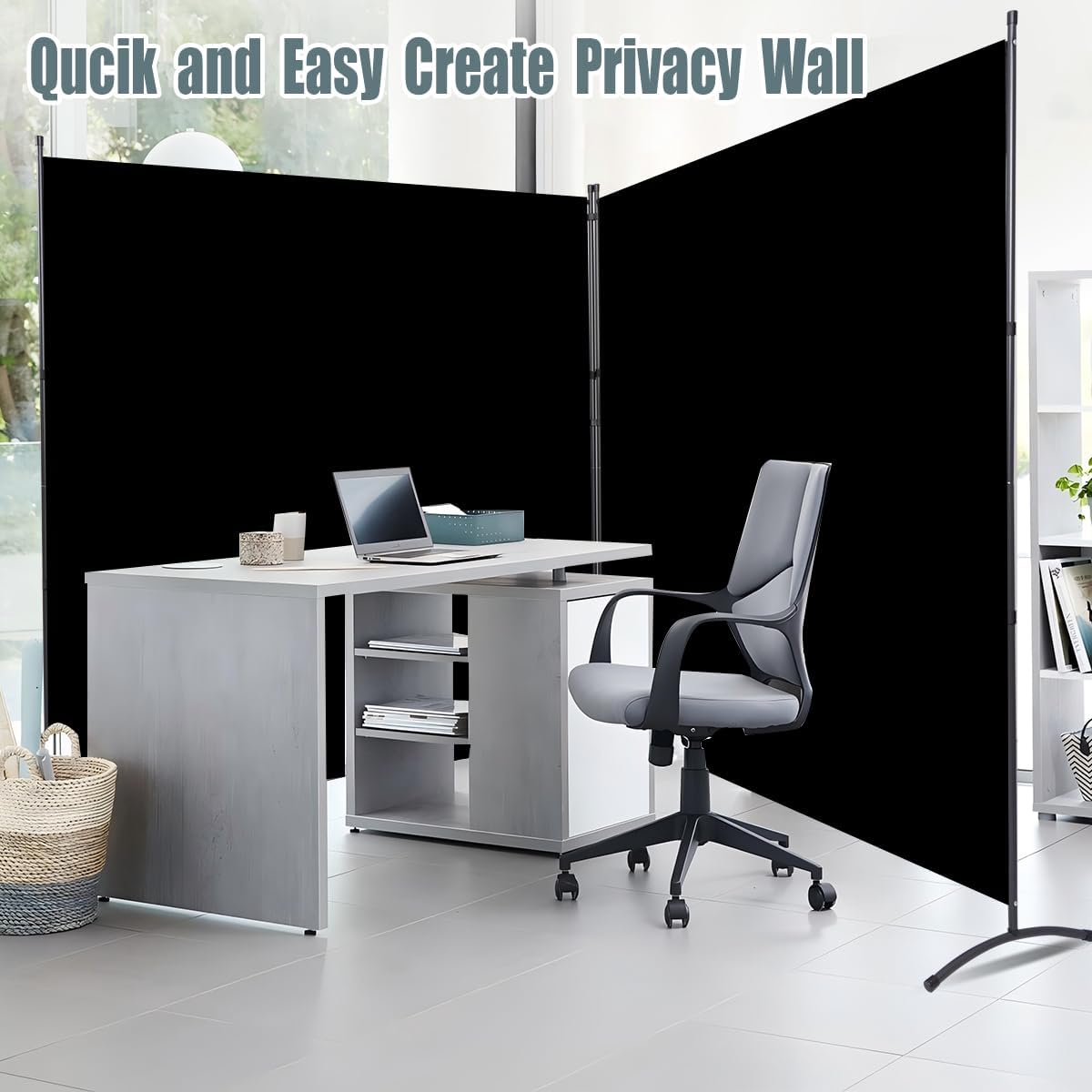 Room Divider 6FT Folding Privacy Screens, Partition Room Dividers w/Freestanding Design, Portable Wall Divider for Room Separtation, Fabric Screen Panel for Home Office Dorm (Black, 2 Panel)