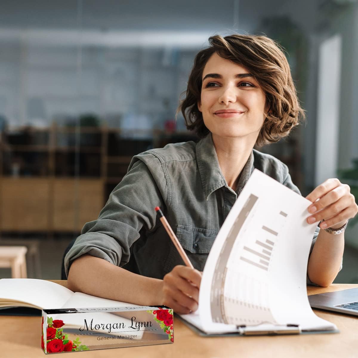 Desk Name Plate Personalized | Office Decor | Name Tags | Desk Decorations for Women Office… (Red Rose)