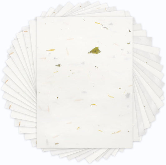 Benvo 50 Sheets A4 Natural Mulberry Paper Visible Leaves Fiber Rice Paper Printable Decoupage Tissue Paper Sheets for Writing, Painting, Card Making, DIY Crafts(8.3x11.7in, Semi Transparent Off White)