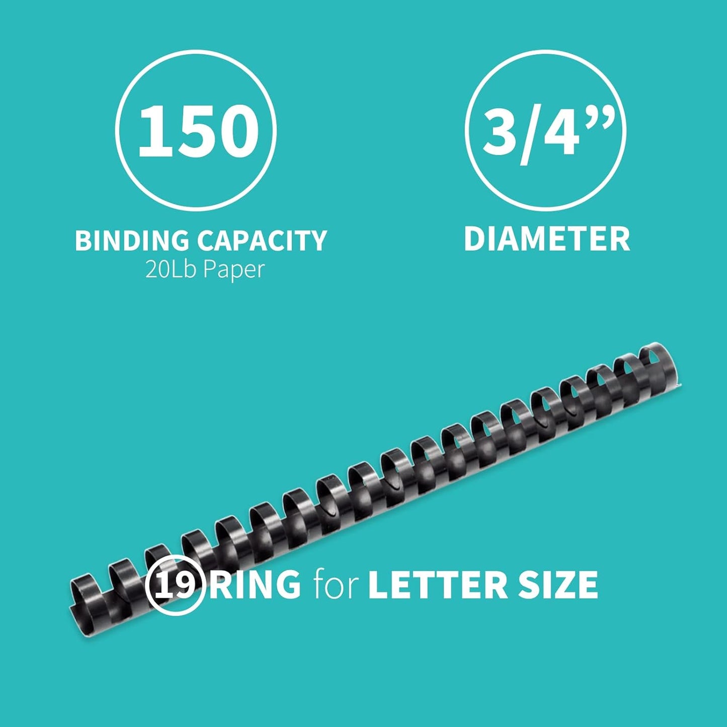 Binditek 30 Pack Plastic Binding Comb Spines, 3/4 Inch Diameter, 150 Sheet Capacity, 19 Ring, for Letter Size, Black, for Students and Coworkers