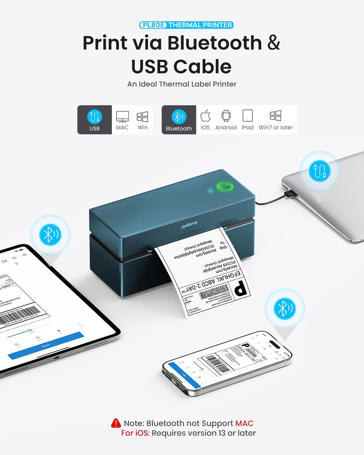 POLONO Bluetooth Thermal Shipping Label Printer, Wireless 4x6 Shipping Label Printer for Small Business, Support iOS, Android, Windows and Mac, Compatible with Amazon, Ebay, Shopify, 1 Pack (Blue)