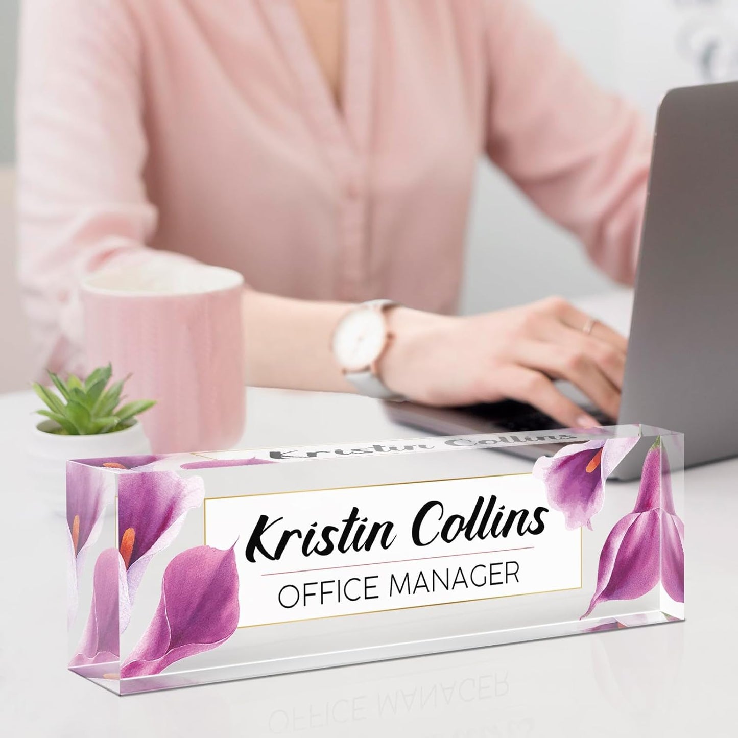 Custom Name Plate for Desk, Acrylic Office Decor For Women Men, Personalized Office Desk Accessories, Teacher Employee Appreciation Gifts For Social Worker Boss Coworkers (Purple Flower-2)