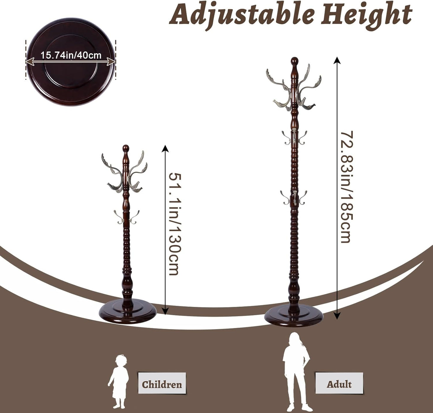 Wooden Coat Rack Freestanding with Resin Hooks, Adjustable Heavy Duty Stand for Hanging Coats, Bags, Hats, and Umbrellas in Living Room, Bedroom, Entryway (Rosewood-Metal Hook)