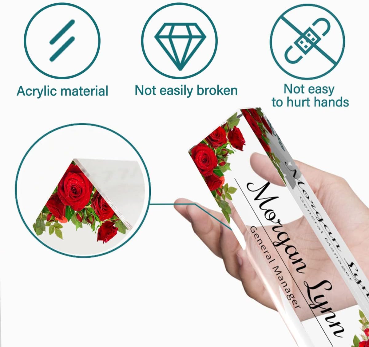 Desk Name Plate Personalized | Office Decor | Name Tags | Desk Decorations for Women Office… (Red Rose)