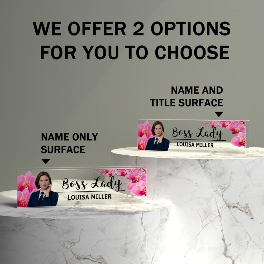 Personalized Photo Customizable Acrylic Desk Name Plate - Engraved Name & Title with Uploaded Image for Office, Lawyer Gifts, Teacher Decor