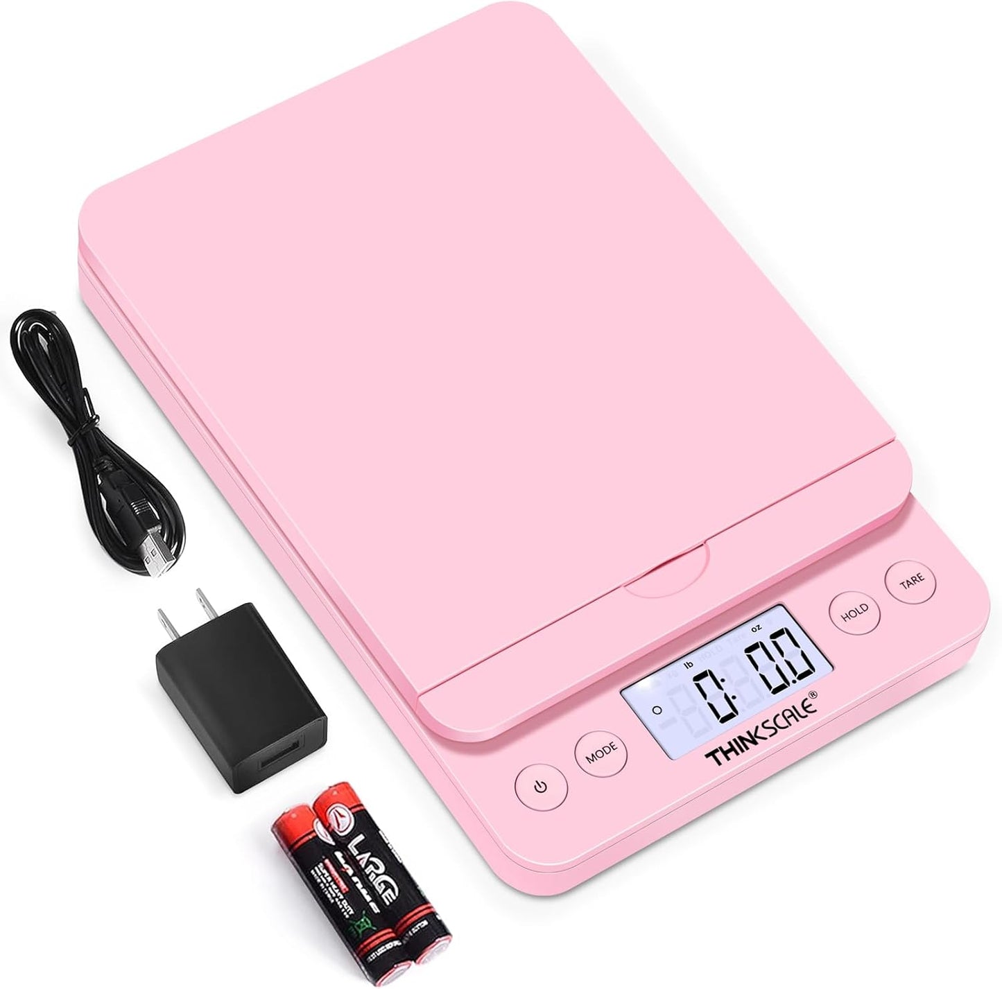 THINKSCALE Shipping Scale, 86lb/0.1oz Postal Scale-Candy Pink Style, Hold/Tear Function, Flip up Holder Postage Scale, Digital Scale for Packages Small Business and Mails, Battery & AC Adapter