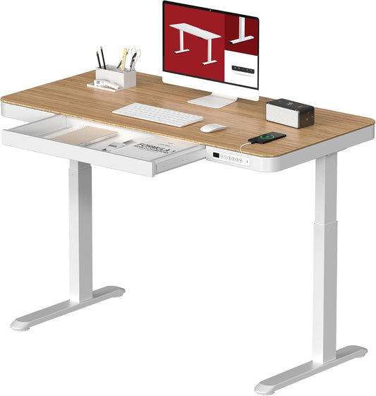 Standing Desk with Drawer, Electric Height Adjustable Home Office Desk with Storage & USB Ports, 48 inch Bamboo Texture Tabletop/White Frame