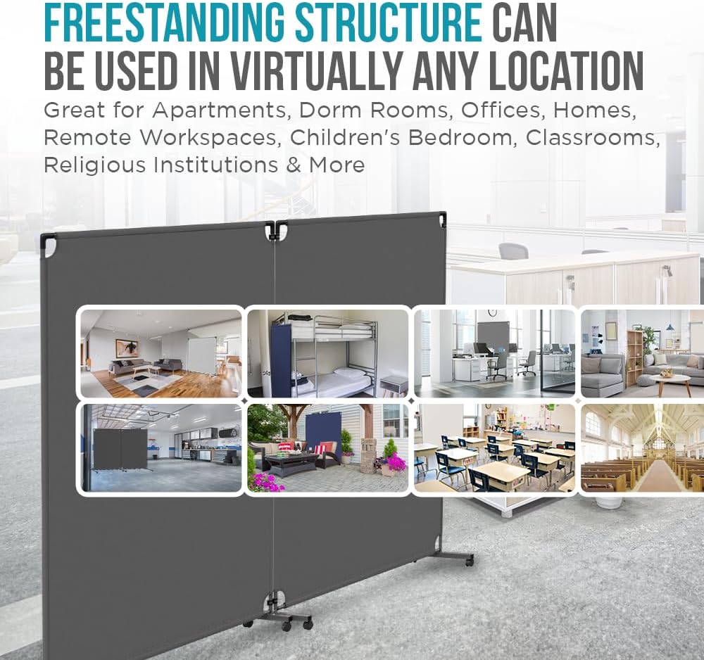 Steel-AID 50-inch Rolling Privacy Room Divider - Freestanding Office Wall Partition with Non See-Through Blackout Screen - Sturdy & Durable Iron Frame - Rolling Wheels - Black, White, Gray & Blue