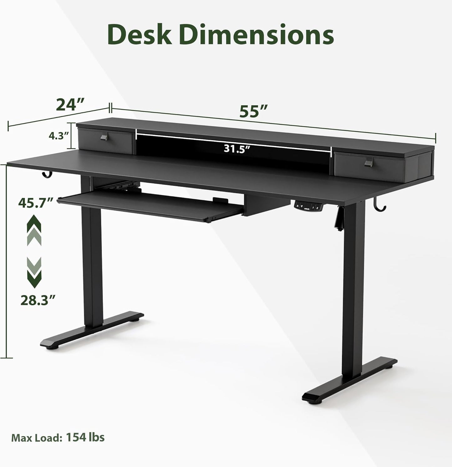 Agilestic Electric Standing Desk with 2 Drawers and Keyboard Tray, 55 x 24 Inches Ergonomic Adjustable Height Desk with Storage, Sit Stand up Desk Computer Workstation, Black