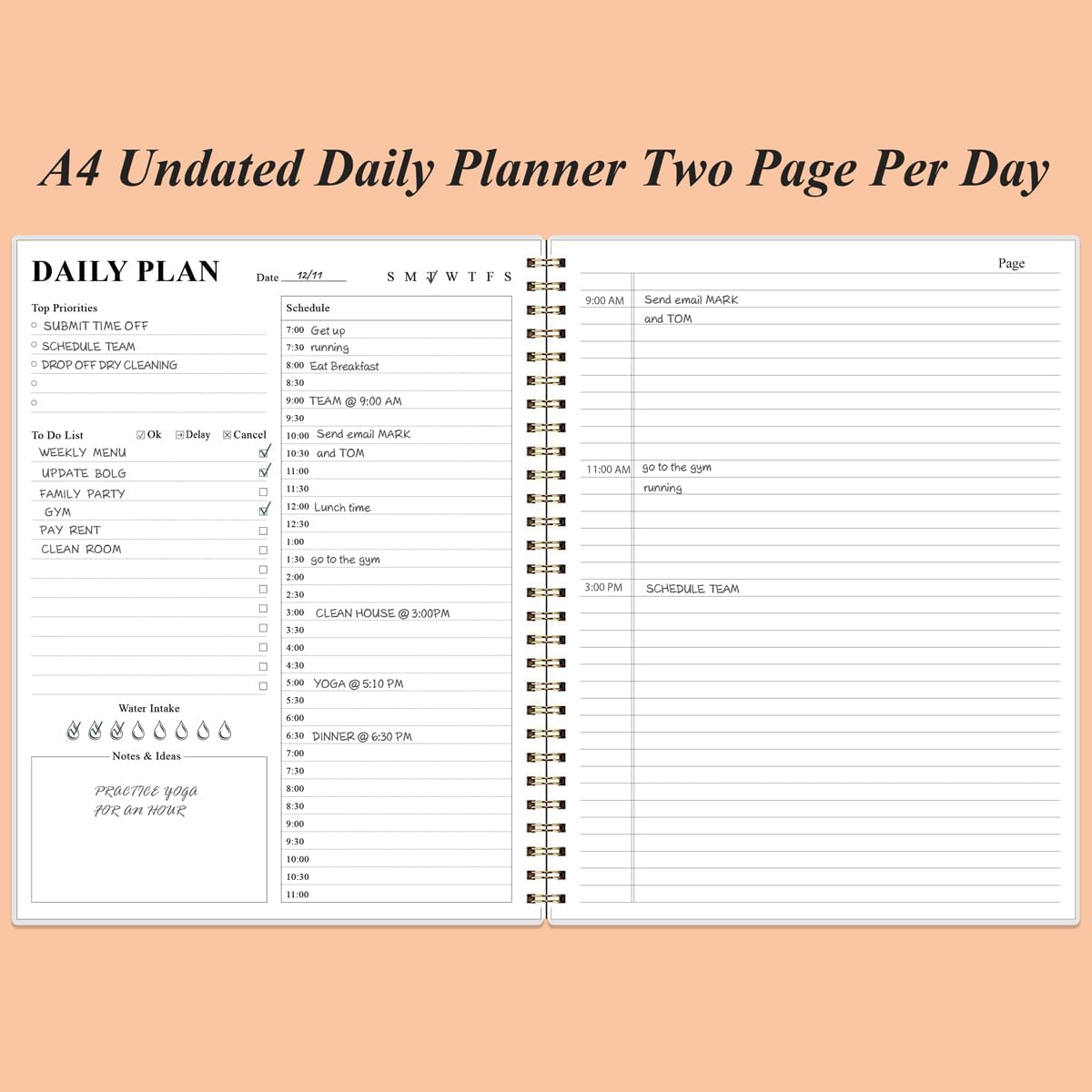 Daily Planner Undated - 8.5" x 11" To Do List Notebook Hourly Schedules, 150 Sheets/300 Pages Spiral Appointment Planner for Women and Men,PVC Hardcover, Inner Pocket, Elastic Closure, Rose Leaf