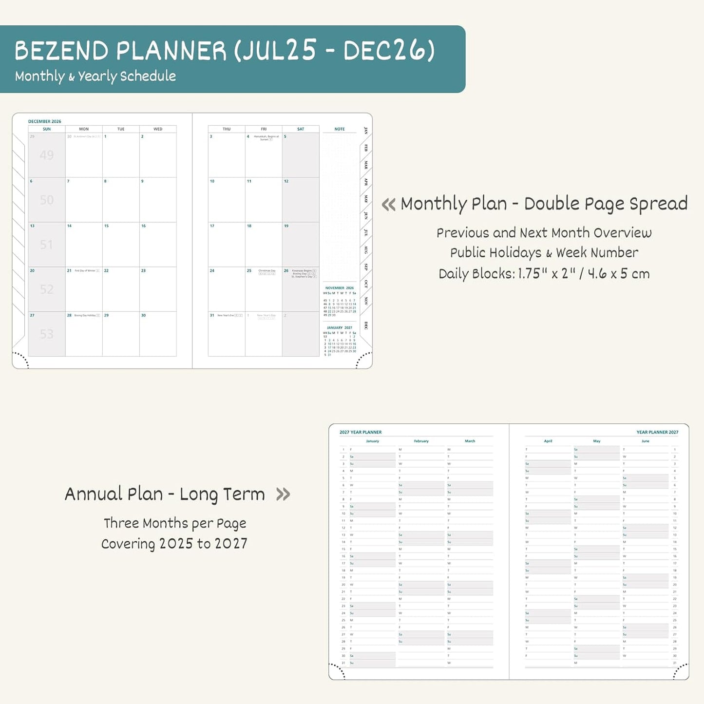 BEZEND Planner 2025-2026 Weekly and Monthly, 8.5" x 11" Academic Calendar (Jul 25-Dec 26) Vertical Daily Appointment with Hourly Timeslot & Monthly Tab, PU Leather Hardcover - Kiwi