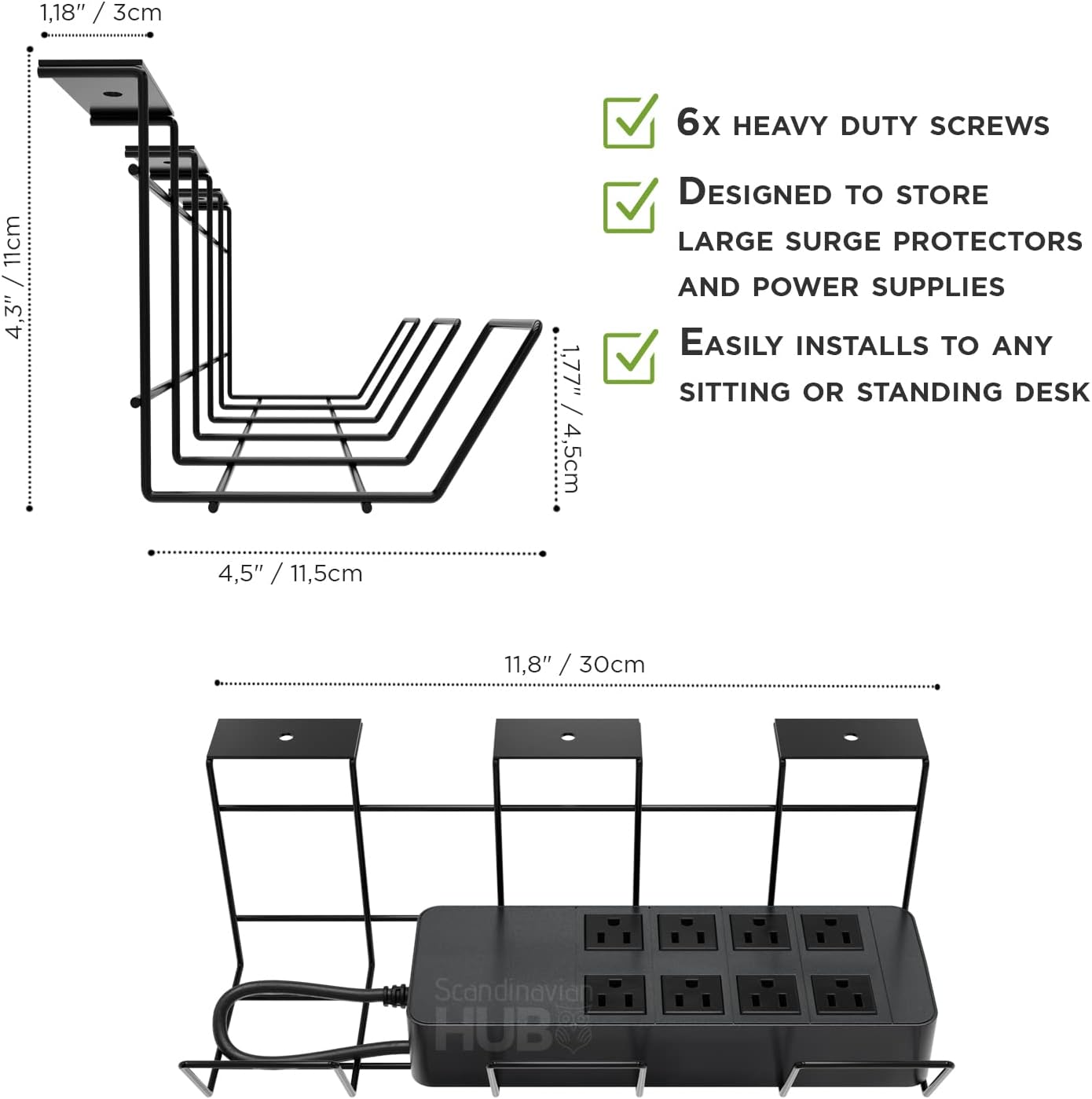 Compact Under Desk Cable Management Tray - Cable Organizer for Wire Management, Desk Wire Organizer, Cable Tray - Black Set of 2x12