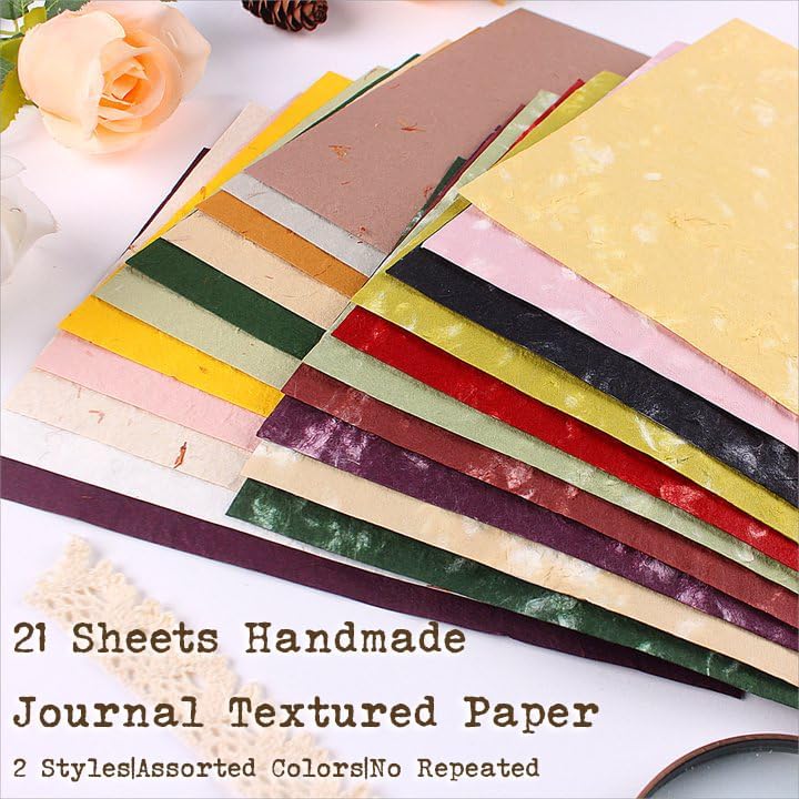 Textured Handmade Paper Sheets for Crafts, 21 Sheets A5 Thick Mulberry Scrapbook Paper for Card Making Supplies, Embossed, DIY Art Junk Journal, Collage, Mixed Media