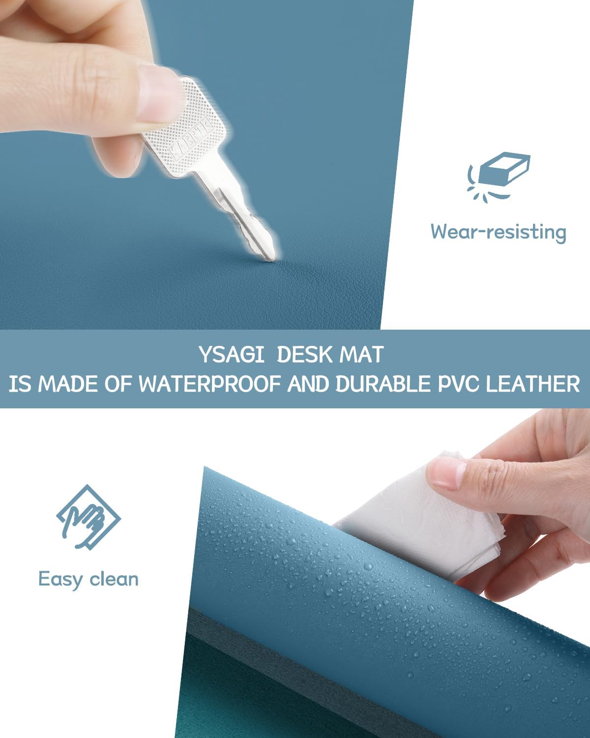 Non-Slip Desk Pad, Waterproof PVC Leather Desk Table Protector, Ultra Thin Large Mouse Pad, Easy Clean Laptop Desk Writing Mat for Office Work/Home/Decor (Blue, 31.5" x 15.7")