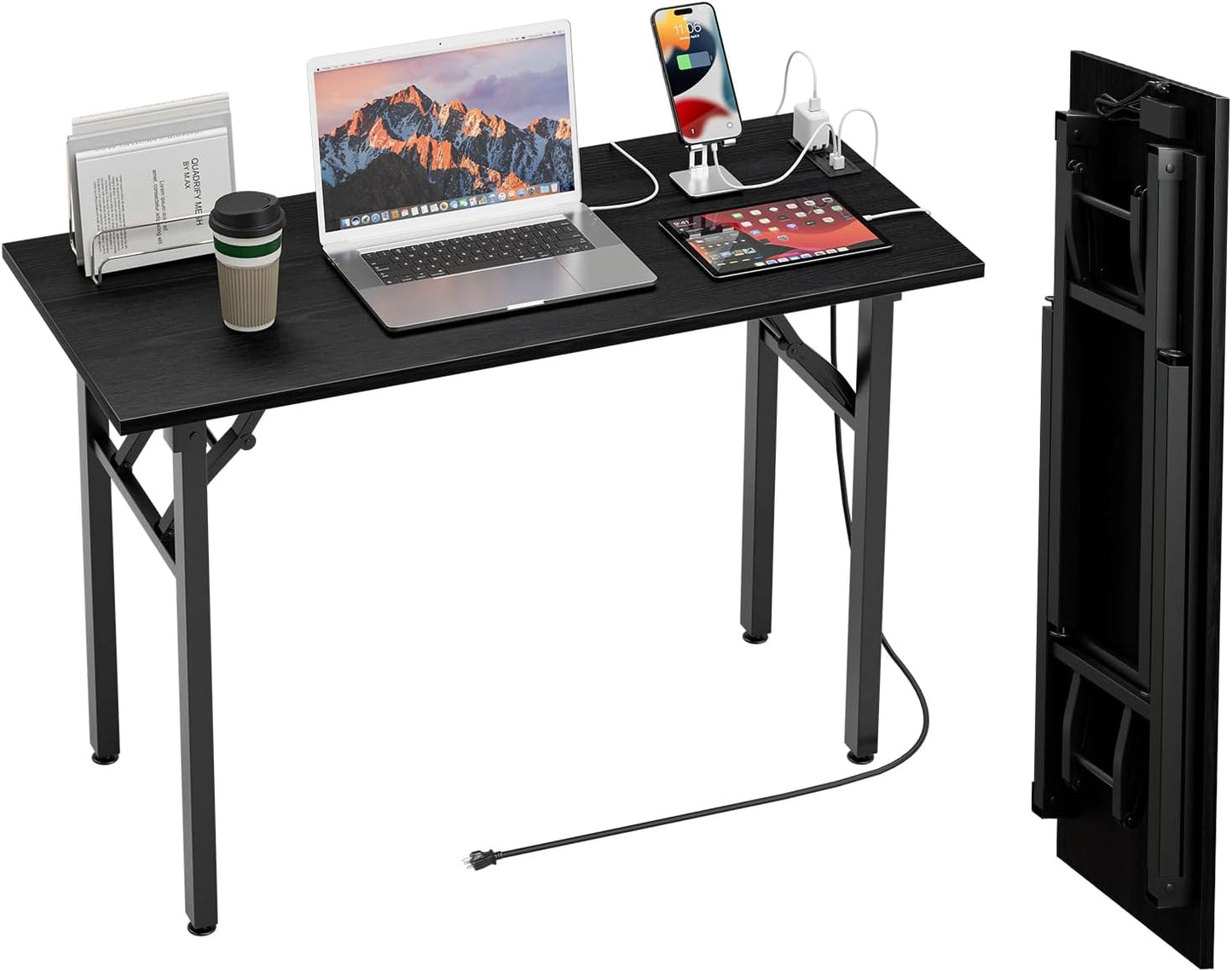 TEMI Small Computer Desk Folding Table - No Assembly, Compact 44.3" Foldable Desk with Power Outlets & USB Charging Port, Portable Small Office Desk, Ideal Mini Study Table, Dark Oak