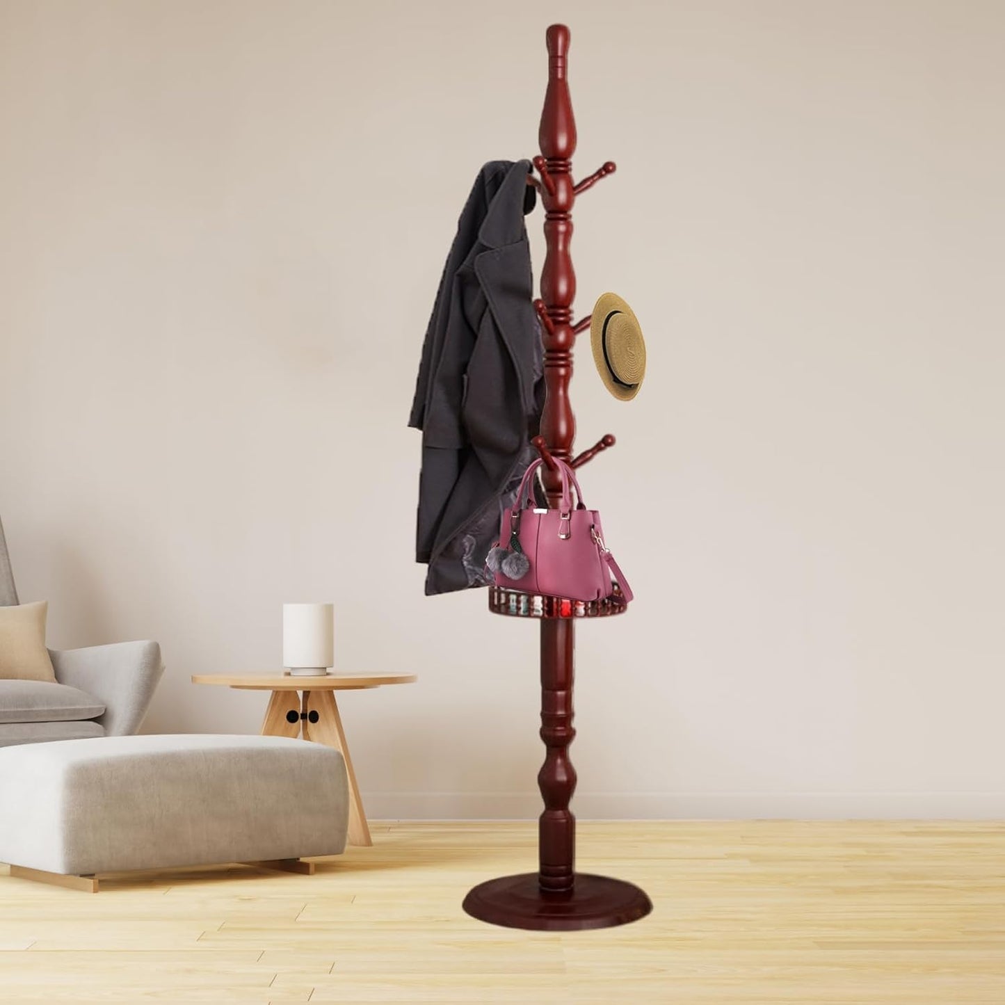 Coat Rack, Birch Wooden Hall Tree Coat Rack Free Standing with 9 Hooks, Wooden Round Base，Coat Tree for Home/Office/Entryway/Hallway （Dark Red ）