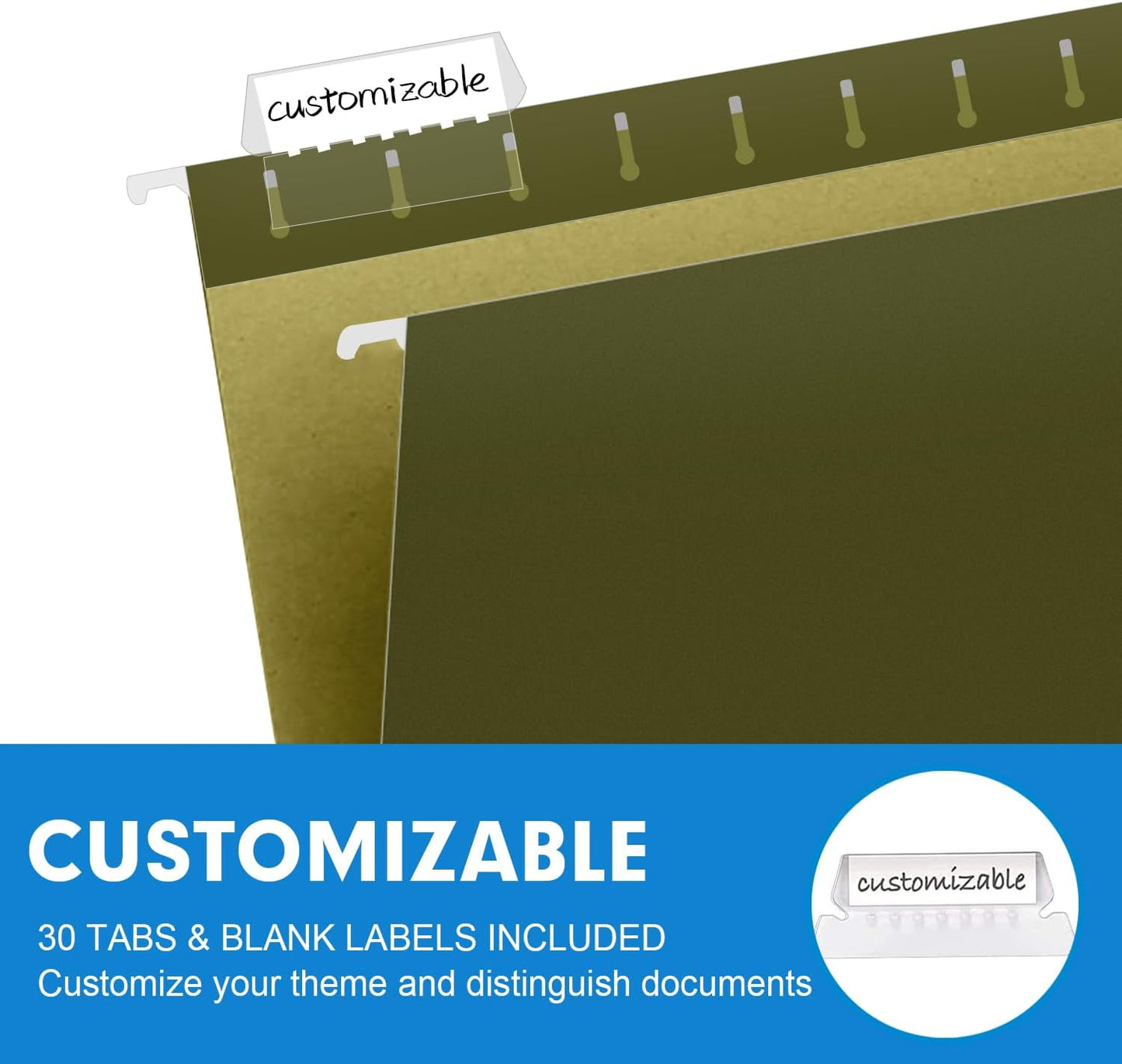 Extra Capacity Hanging File Folders, RAZCC 30 Pack Letter Size Reinforced Hanging Folders with Heavy Duty 3 Inch Expansion for Bulky Files, Filing Cabinet, Adjustable Tabs, Green