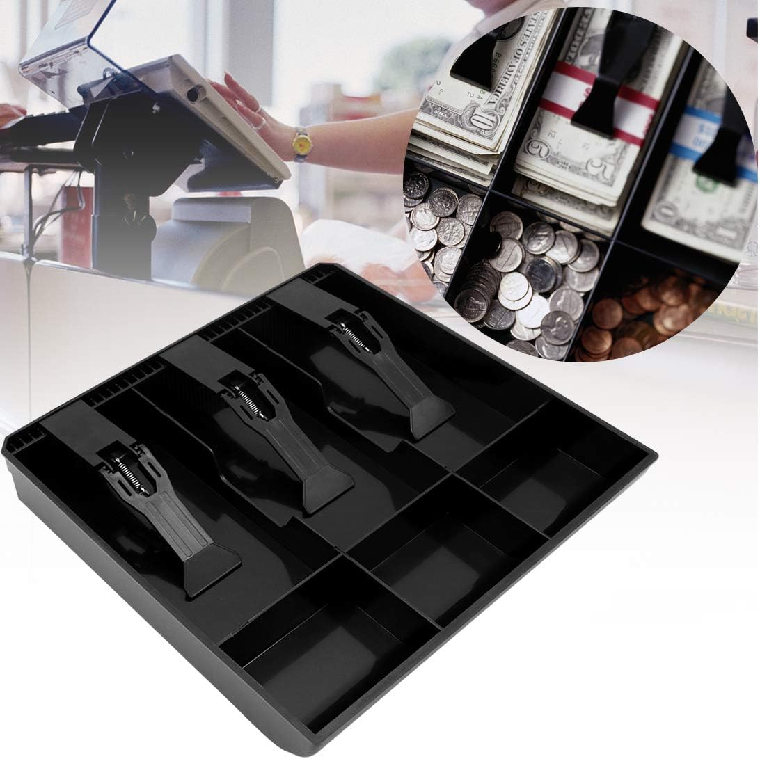 Cash Register Drawer Insert Tray 3 Bill/3 Coin Compartments with Plastic Clip for Money Storage, Black