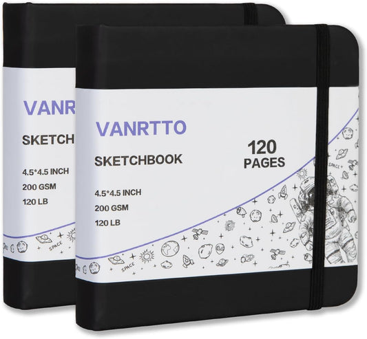 VANRTTO Hardcover Square Sketch Book, 120lb/200GSM Sketchbook Thick Drawing Paper for Marker Watercolor Mixed Media, Drawing Notebook, Art Journal, 60 Sheets/120 Pages 4.5x4.5 Inch Sketch Pad 2 Pack