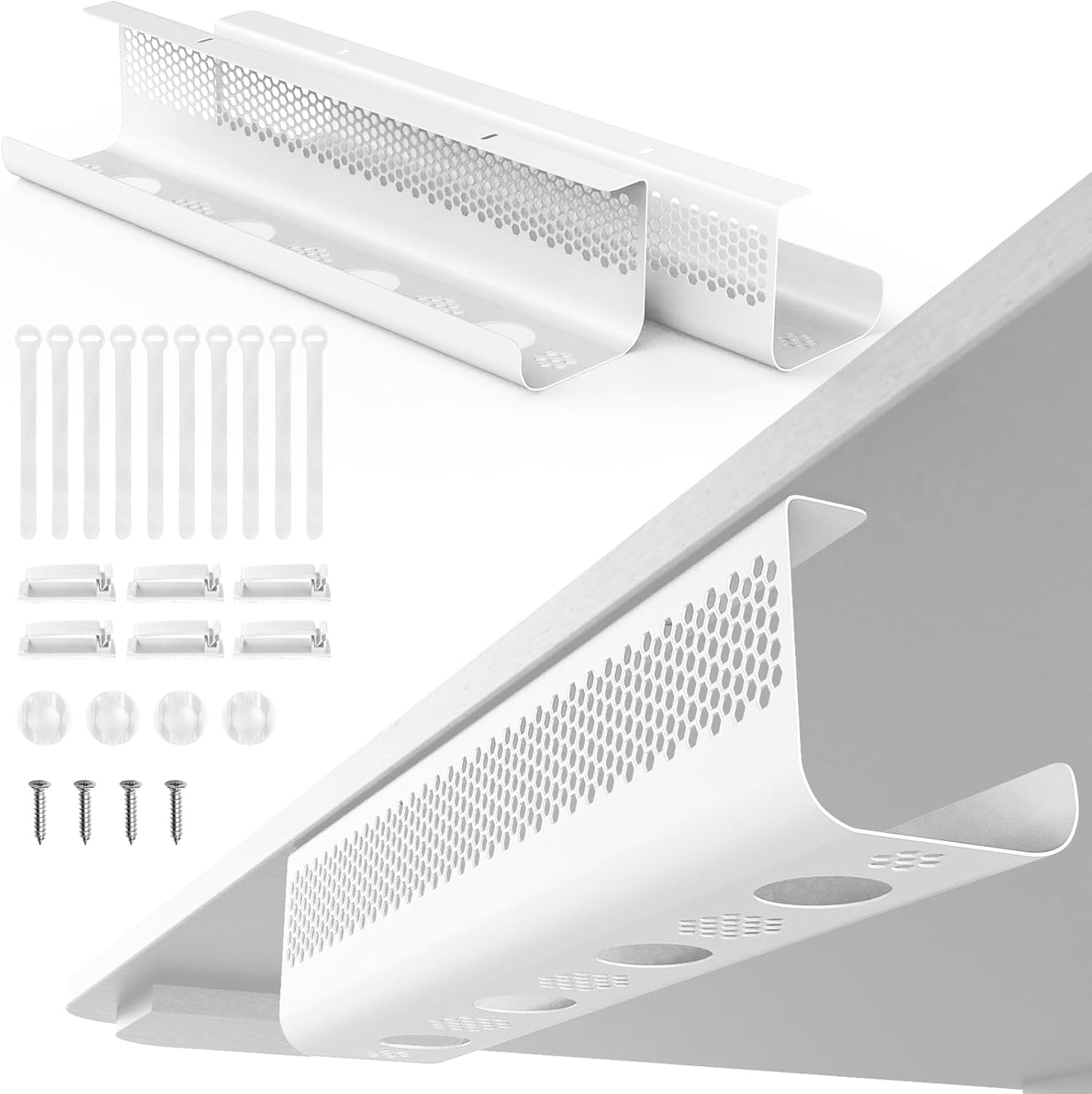 KHAMAL Cable Management Under Desk 26PCS - Cable Management Tray Kit Ventilated Hexagonal Design with Cable Clips, Wire Ties, Cord Holder & Screws for Office, Home - 2 White Sets
