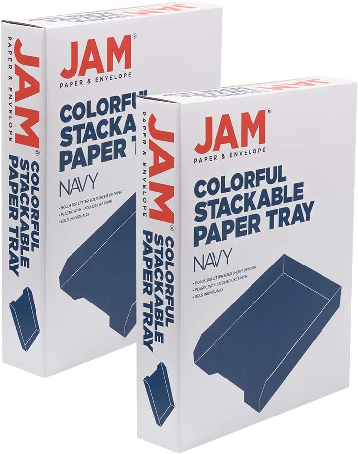 JAM PAPER Stackable Paper Trays - Navy Blue - Desktop Document, Letter, & File Organizer Tray - 2/Pack