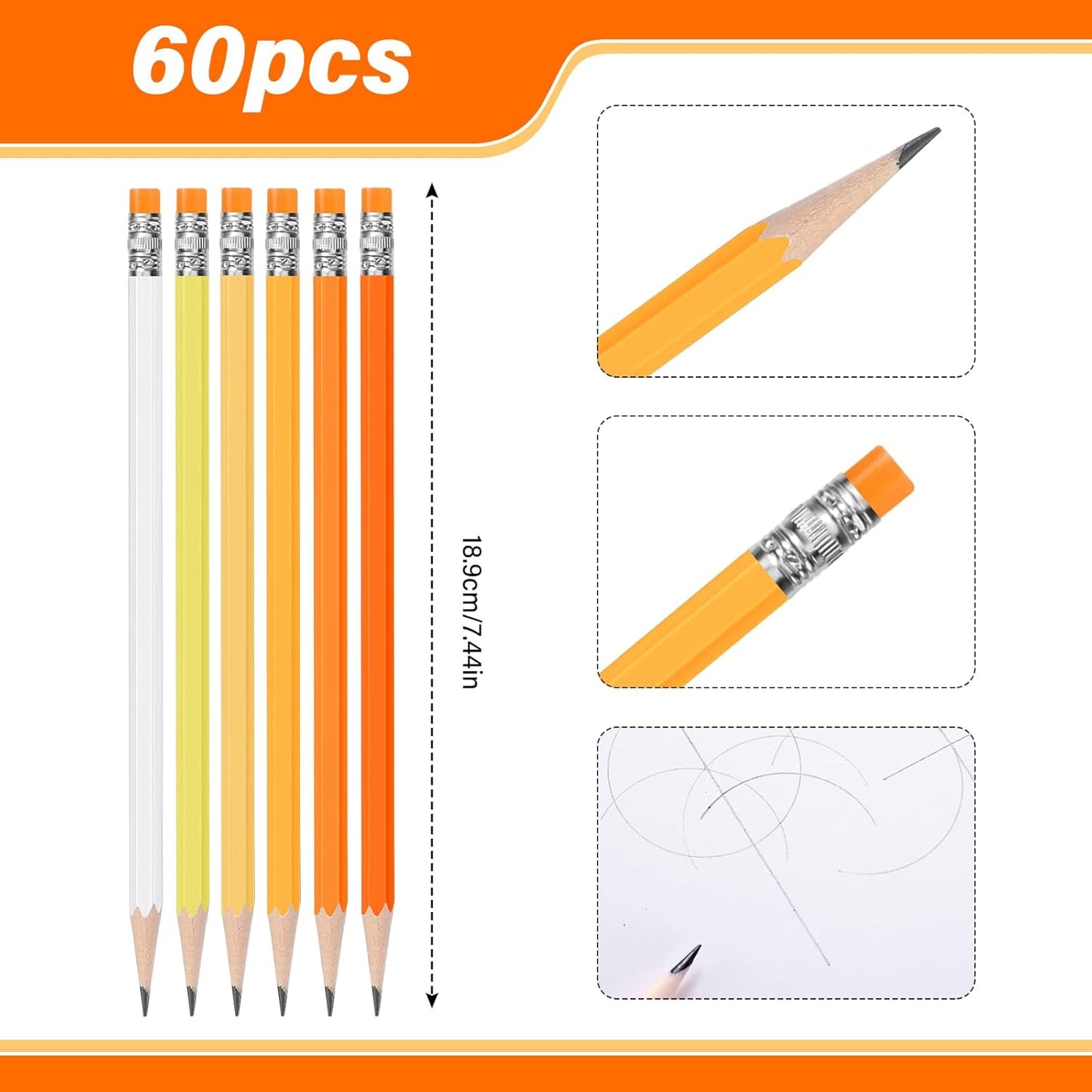 TecUnite 60 Pcs HB Pencils #2 Unsharpened Wood Cased Pencils with Eraser Hexagonal Pencil Cute Graphite No 2 Pen for Adults Gifts Exam School Office Sketching Learning(Orange, Sliver)