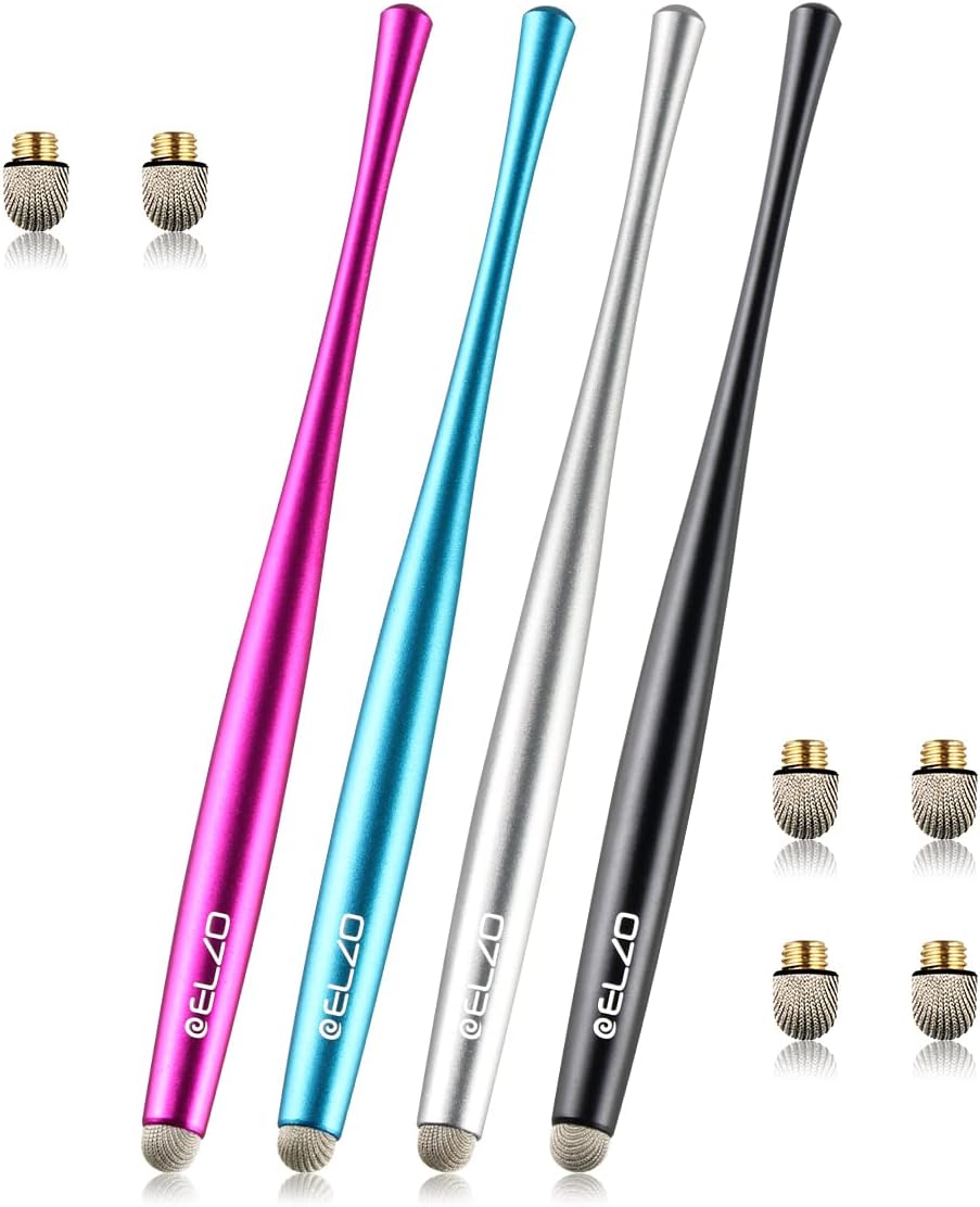 Elzo Capacitive Stylus Pens Premium Metal Slim Combo 4 Pcs Tips for All Touch Screens iPad & Android Tablets DELL/Samsung/HP/Asus/Surface/Samsung/iPhone/LG (Black, Silver, Light Blue & Rose Red)