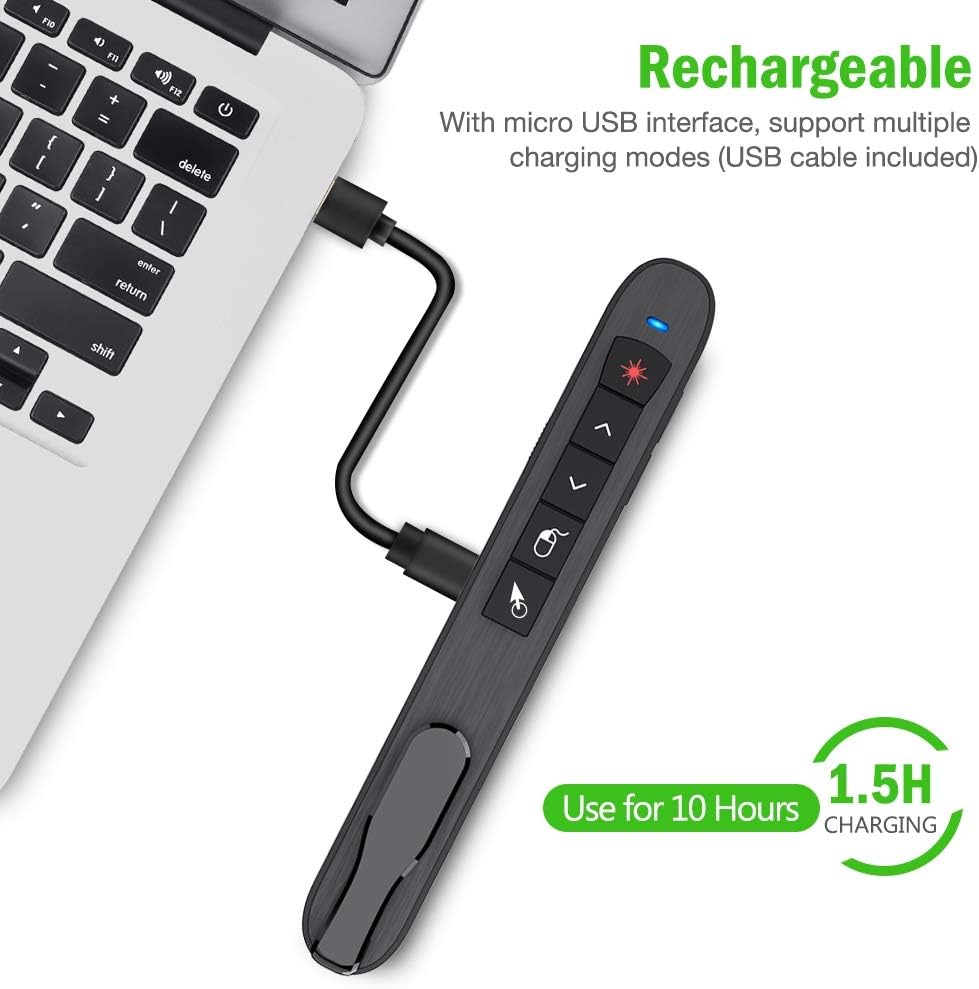 Air Mouse Green Light Presentation Remote Control USB Rechargeable Presentation Clicker Wireless Presenter RF 2.4 GHz Powerpoint Clicker Slide Advancer Changer Mac/Laptop/Computer