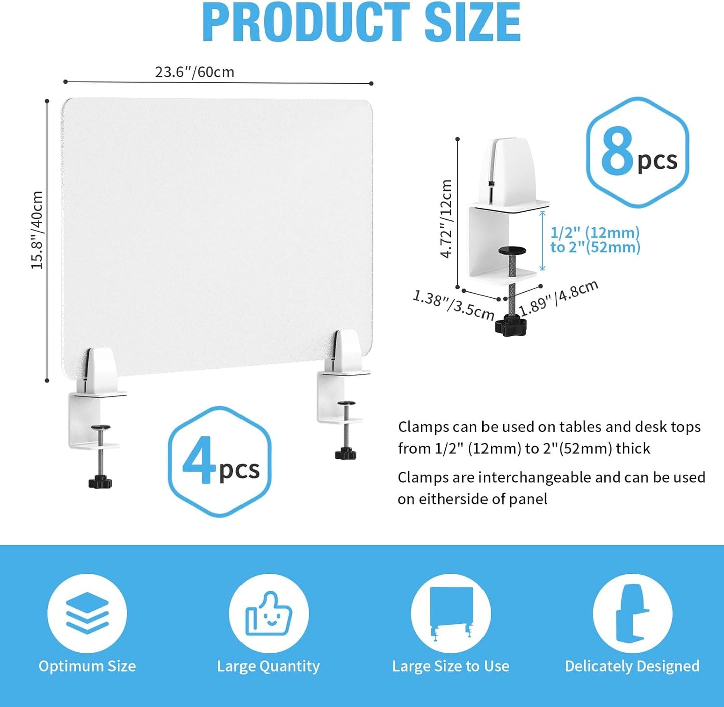 Desk Divider 4 Pcs Desk Privacy Panel 23.6''L x 15.8W'' Office Partitions Frosted Acrylic Panel Pack of 4 Desk Divider Partition with Adjustable Universal Base