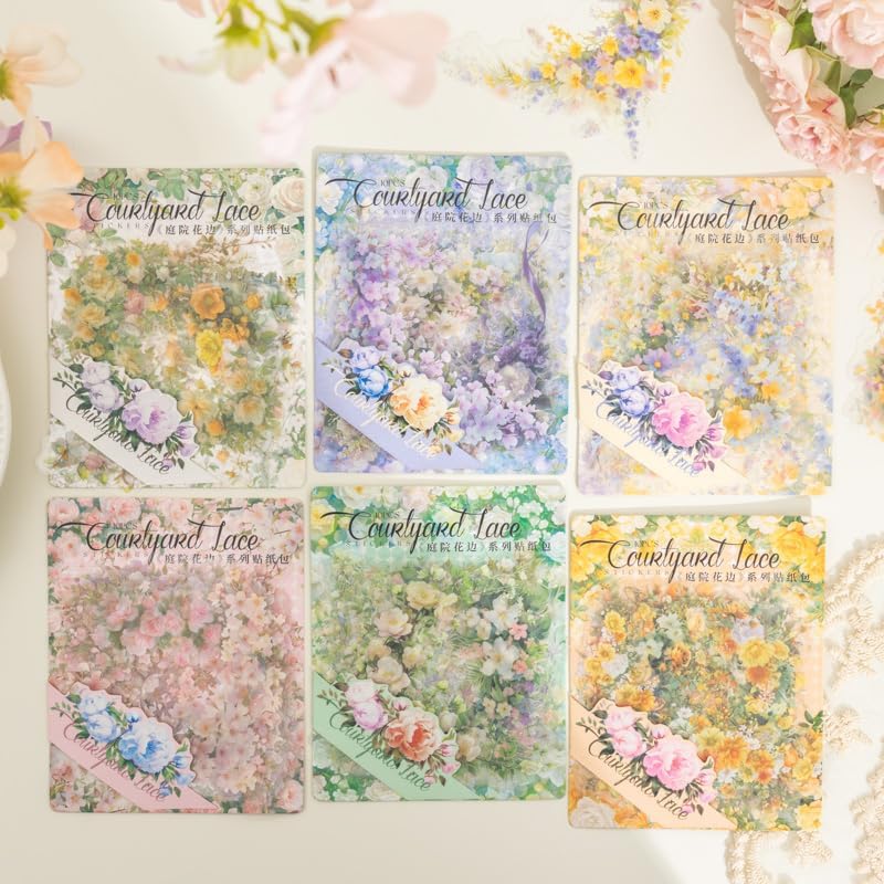 60 Pcs Vintage Flower PET Stickers Set, Large Floral Corner Stickers for Scrapbooking, Journaling, DIY Crafts, with Organizer