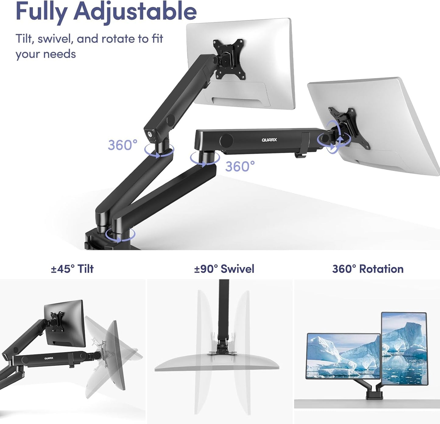 Dual Monitor Mount for Desk, Heavy Duty Dual Monitor Stand for 17 to 35 inch Ultrawide Monitors Holds 4.4 to 26.4 lbs Screen, Height Adjustable Monitor Arm for Gaming, Home, Office, VESA Mount, Black