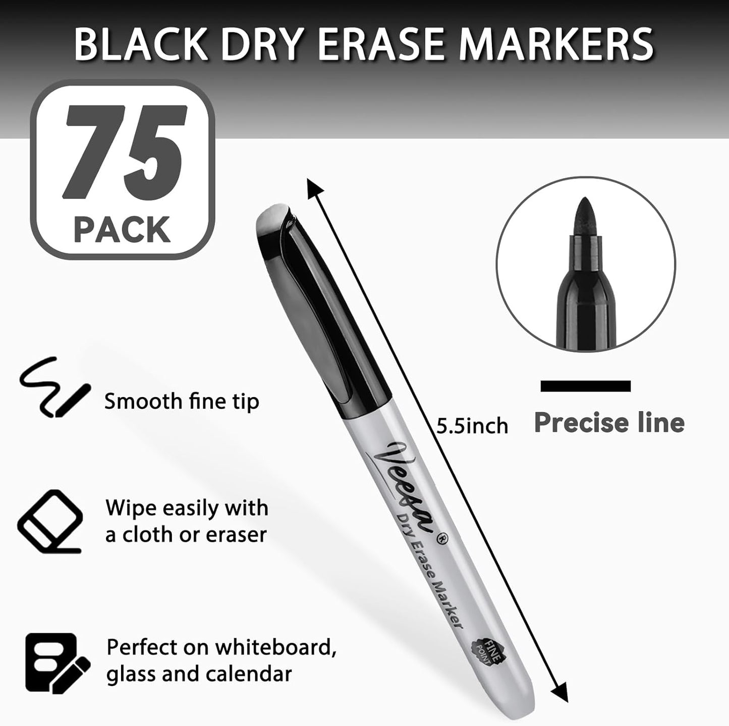VEESA Dry Erase Markers Black, Fine Tip, 75 Count Low-Odor Whiteboard Marker Pens, Back to School Supplies, Office Series