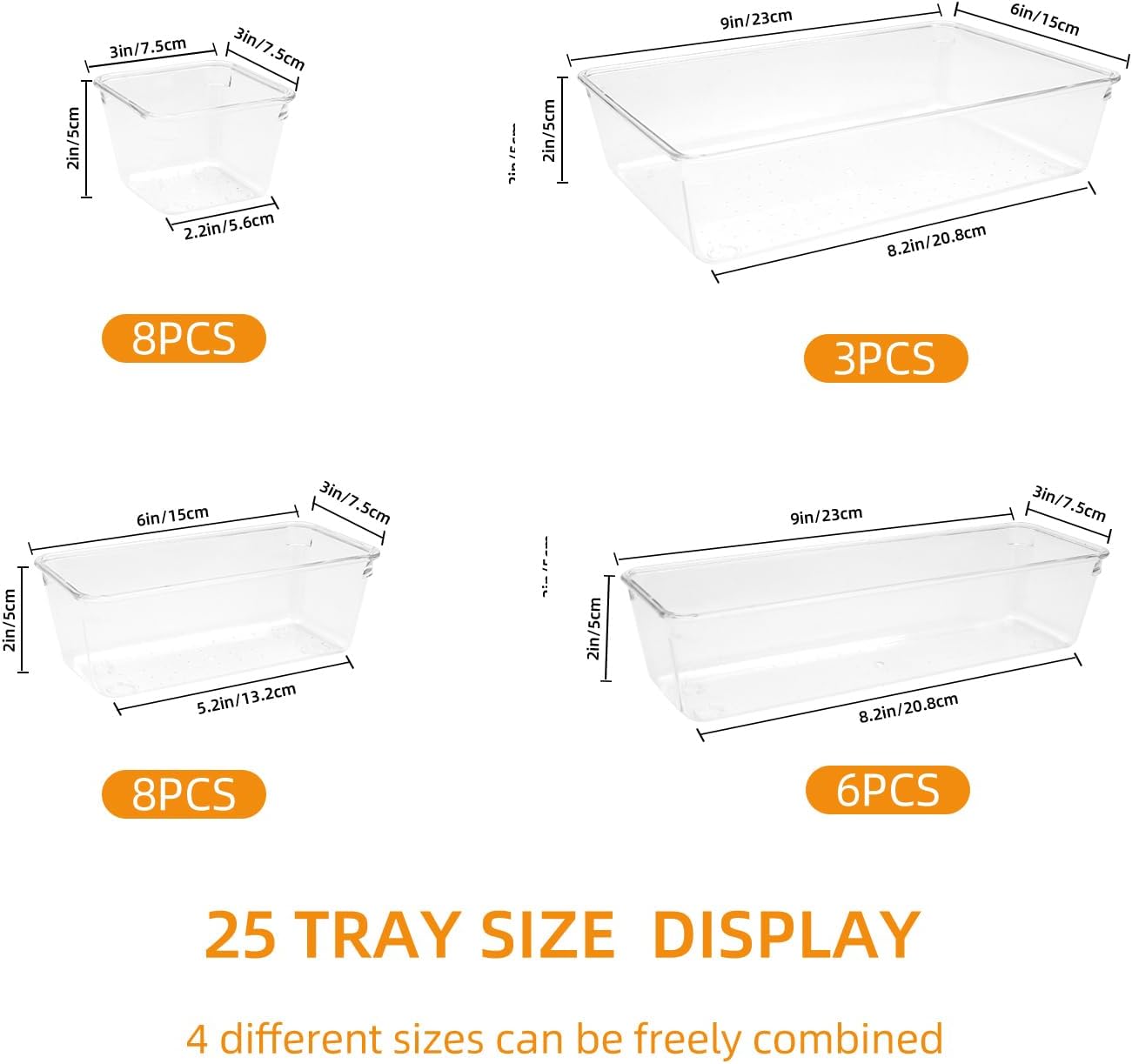 Clear Acrylic Drawer Organizers Set Storage for Makeup, Office Desk Small Vanity Trays for Drawer Bathroom Plastic Make up Organizers 25 Pcs