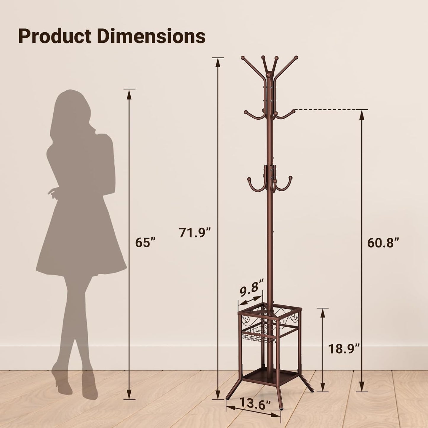 ELYKEN Coat Rack Freestanding, Metal Coat Rack Stand with Umbrella Holder, Modern Coat Tree with 12 Hooks, Floor Standing Corner Hall Tree for Entryway Living Room Bedroom Office, Brown