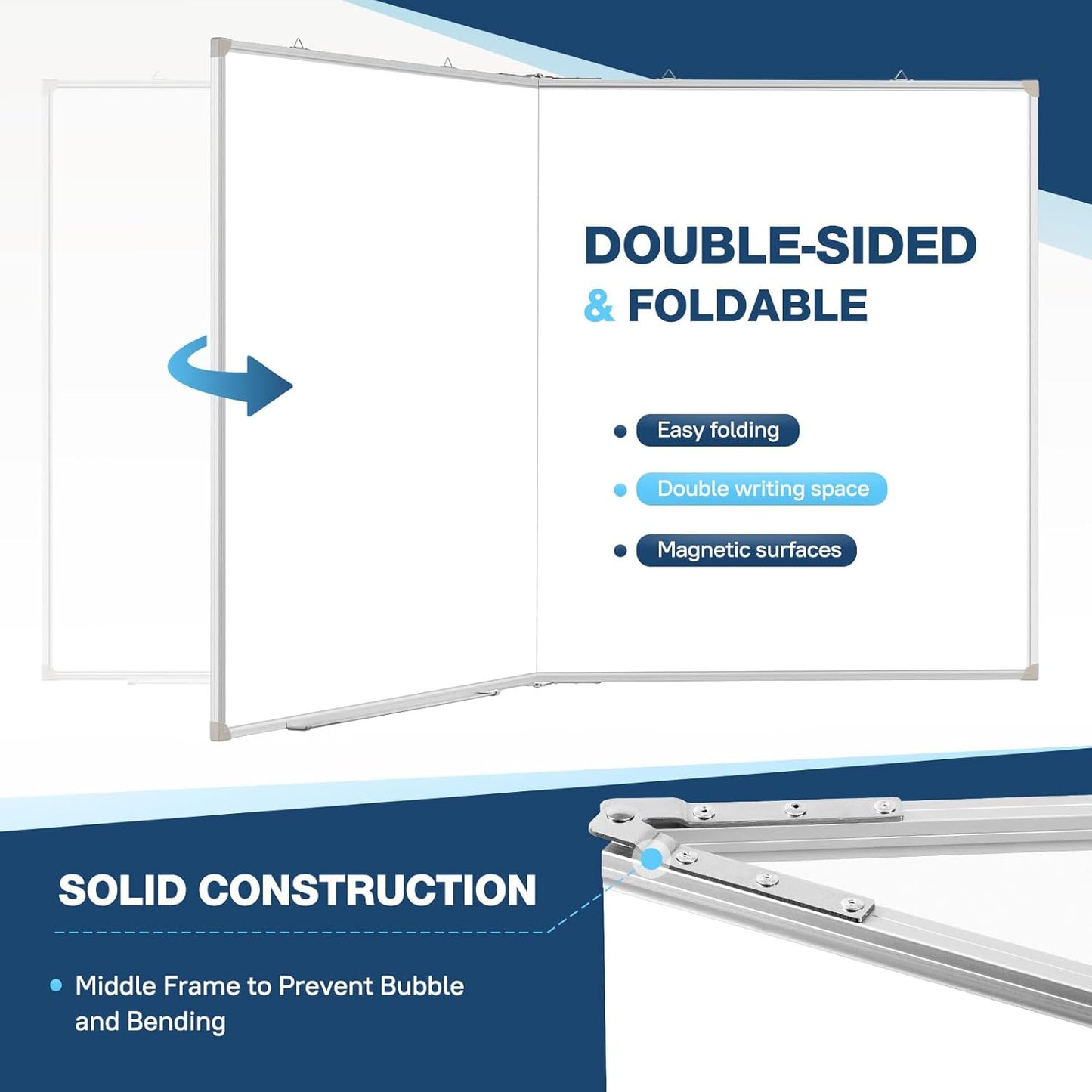 WALGLASS Large White Board Dry Erase Board, 60" x 48" Double-Sided Foldable Dry Erase Board for Wall, Magnetic Whiteboard for Office, Home, School, Kitchen