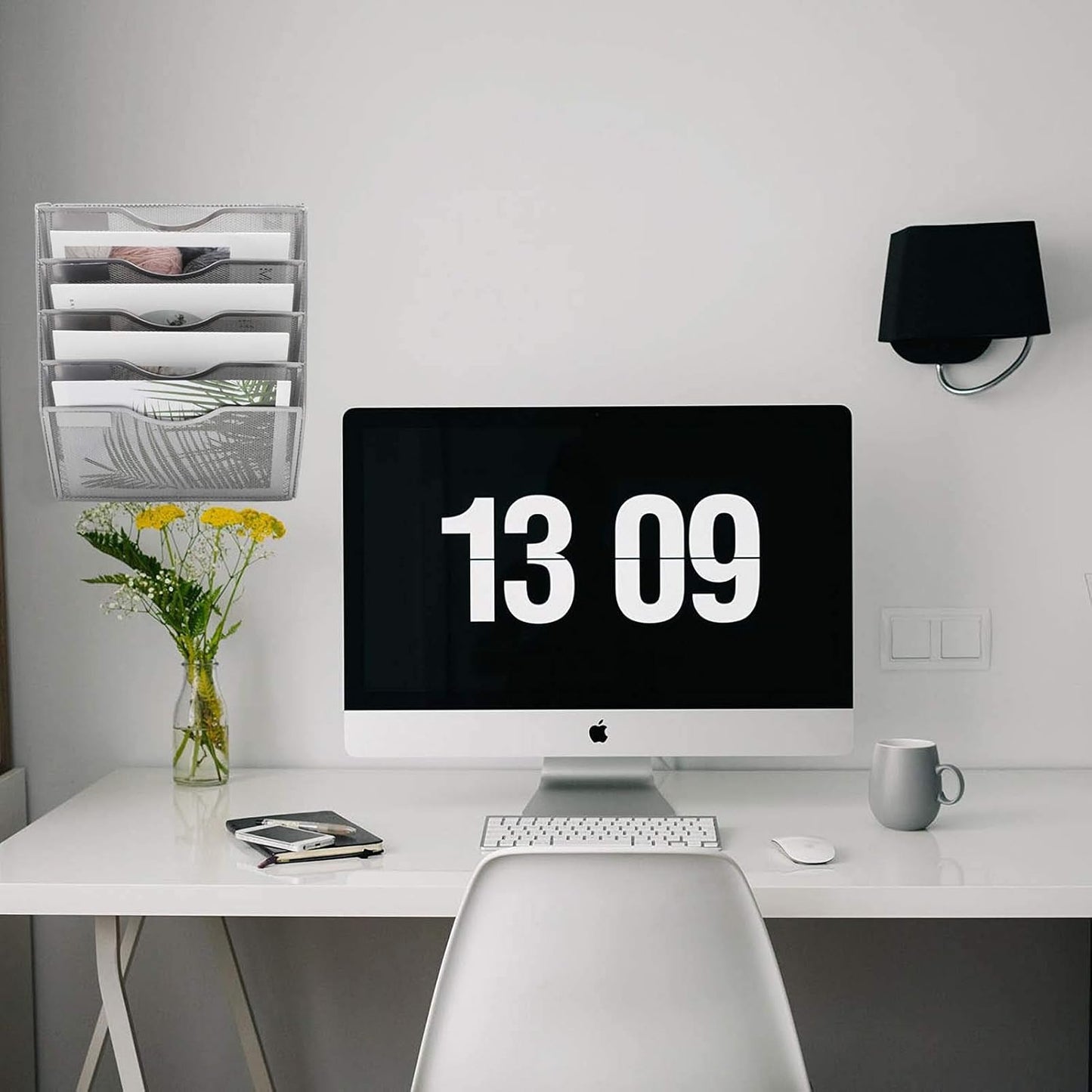 EASEPRES 5 Pocket Mesh Hanging Wall File Organizer, Wall Mounted Mail Paper Document Folder Holder, Clipboard Storage Organization Magazine Rack with Nametag Label for Office Home School, Silver