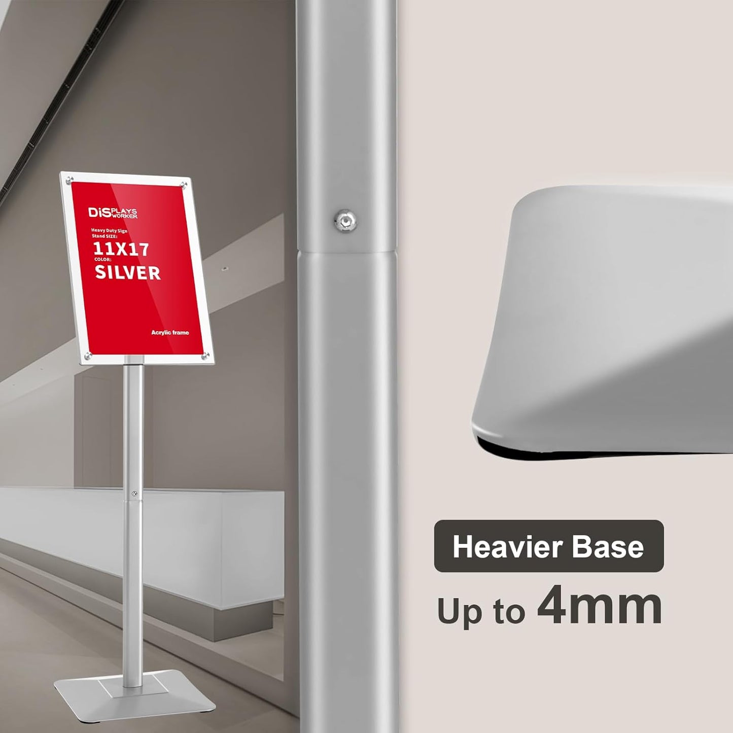 DISPLAYSWORKER Adjustable Heavy Duty Pedestal Acrylic Sign holder floor Stand,sign stand poster stand ,Standing Floor for 11 x 17 inch,Silver (silver, acrylic frame 11-x-17-inch)