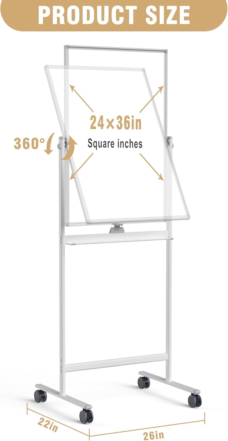 Rolling Whiteboard/w Height Adjustable, Mifuro 24 X 36 Large Portable Dry Erase Board with Stand and Wheels for Office,Classroom &School, White