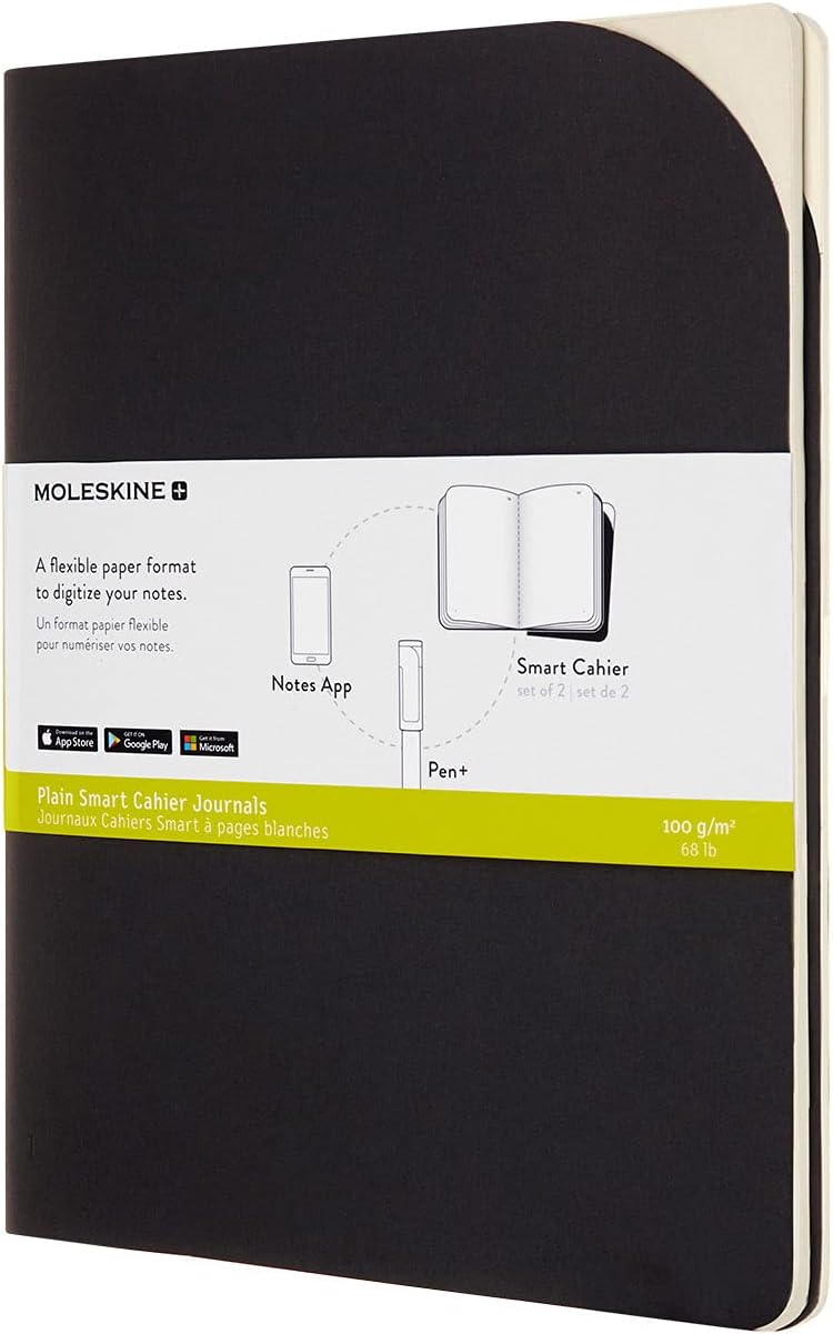Moleskine Paper Tablet Cahier Soft Cover Smart Notebook, Plain/Blank, XL (7.5" x 9.5") Black, Compatible w/ Moleskine Pen+ Ellipse (Sold Separately) & App & Organize Notes, 88 Pages