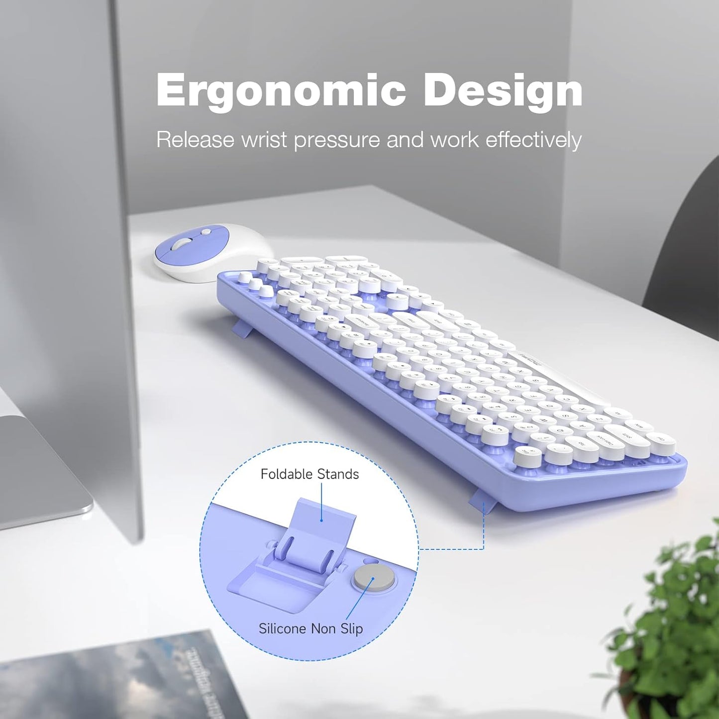 MOFII Wireless Keyboard and Mouse Combo, Typewriter Full-Sized Retro Keyboard and 2.4GHz Connected Mouse for Windows, Computer, Desktop, PC, Notebook, Laptop (Purple)