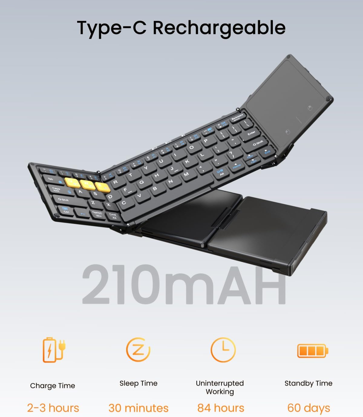 Foldable Bluetooth Keyboard, Wireless Portable Keyboard with Larger Touchpad, Pocket-Sized Folding Travel Keyboard for MacOS Android Windows iOS, Sync Up to 3 Devices (BT5.1 x 3)