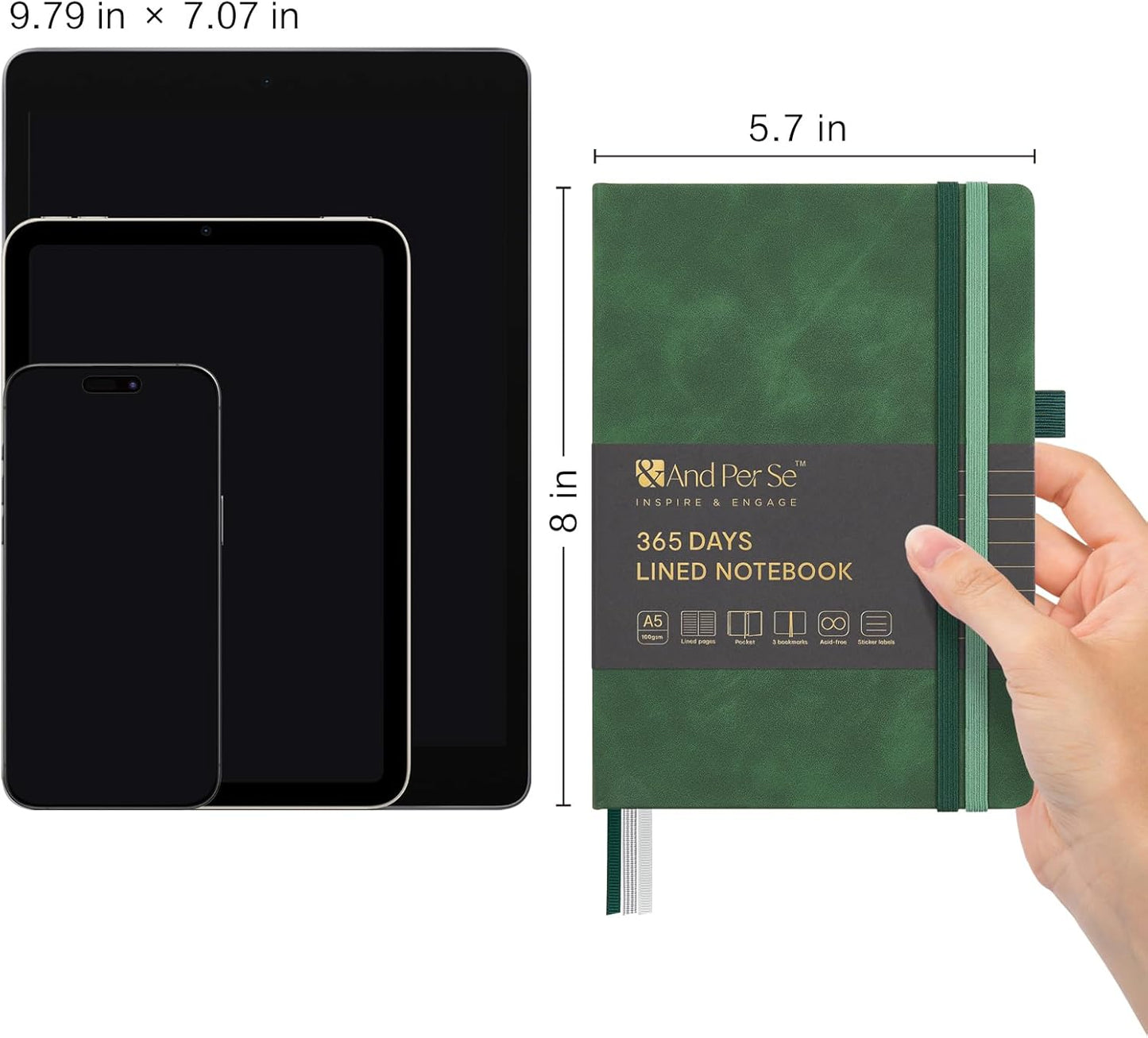 &And Per Se Lined Journal Notebook, 365 Pages, A5, 5.7'' x 8'' 100GSM Thick Paper, Journals for Writing, Hardcover Notebooks for Women Men (Green)