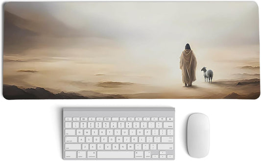 Retro Christian Themed Mouse Pad,Jesus Religious Mouse Pad,Jesus Finds The Lost Lamb Desk Mat,Big Large Vintage Easter Decor Desk Mat,Religious Gifts Christian Gifts for Women,31.5x11.8Inch