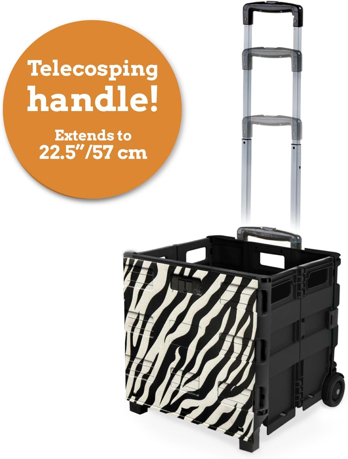 Inspired Living Ultra-Slim Rolling Collapsible Storage Pack-N-Roll Utility-carts, with Telescopic Handle, for Home, Garden, Shopping, Office, School use, Large, Zebra